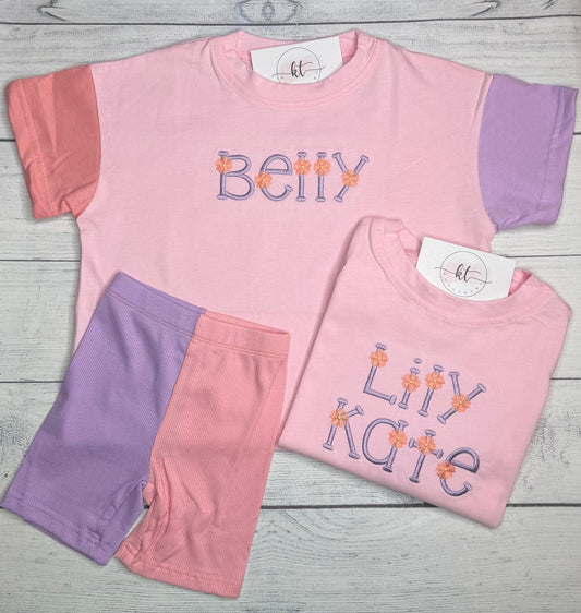 Pink color block bubble & biker short set
